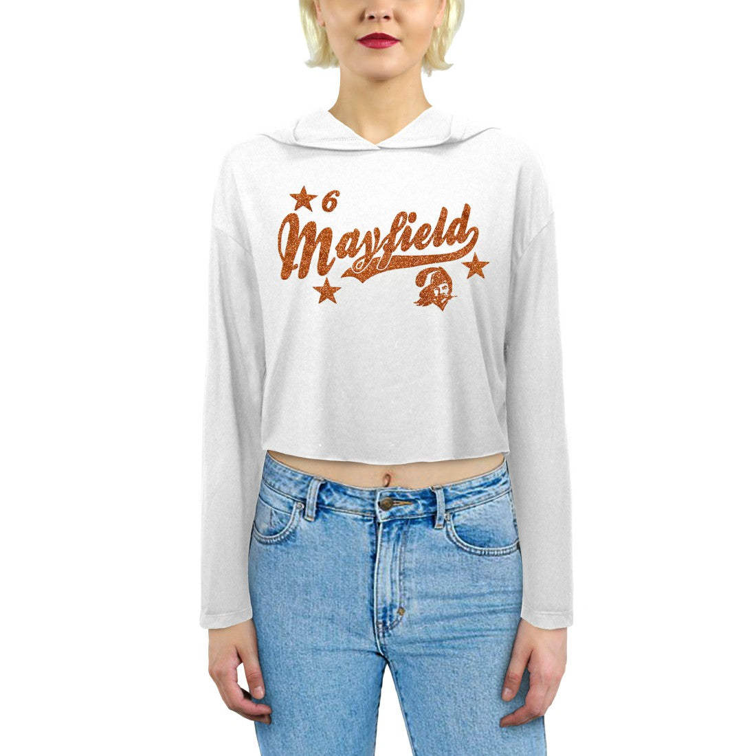 Baker Mayfield Tampa Bay Buccaneers Majestic Threads Women's Glitter Wordmark Hoodie White