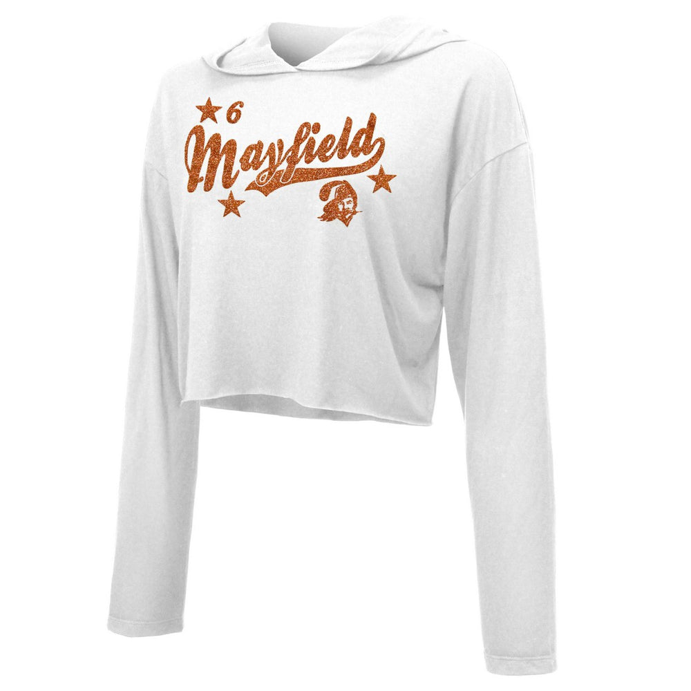 Baker Mayfield Tampa Bay Buccaneers Majestic Threads Women's Glitter Wordmark Hoodie White