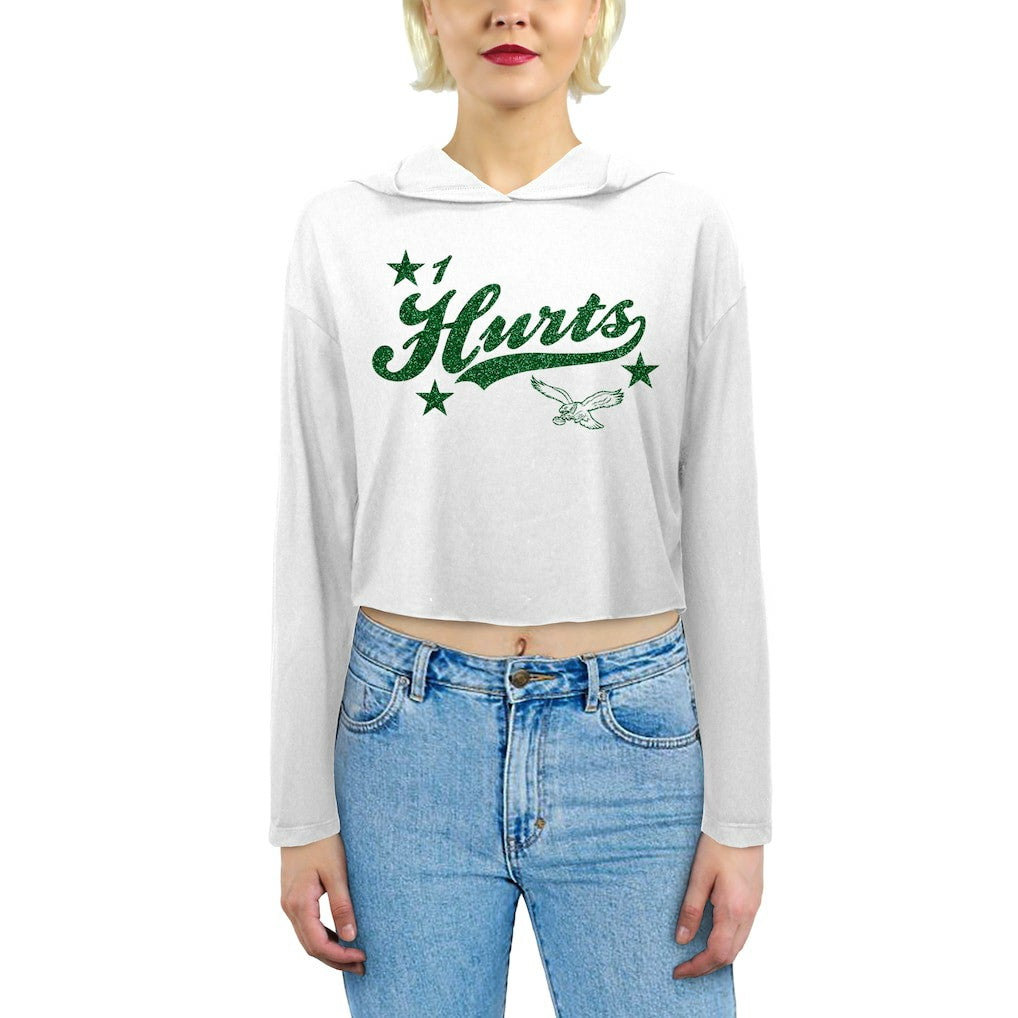 Jalen Hurts Philadelphia Eagles Majestic Threads Women's Glitter Wordmark Hoodie White