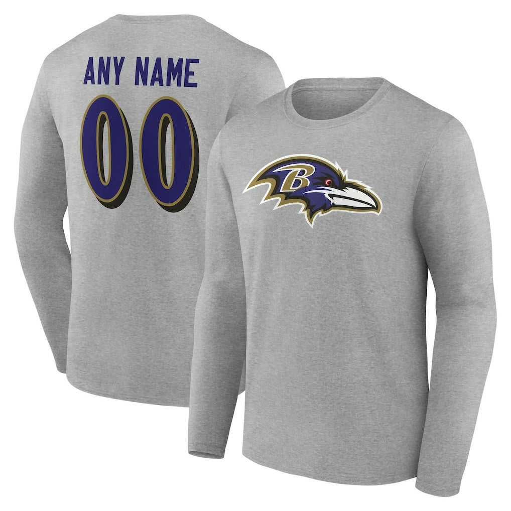 Baltimore Ravens Team Authentic Personalized Name & Number Long Sleeve T-Shirt Gray