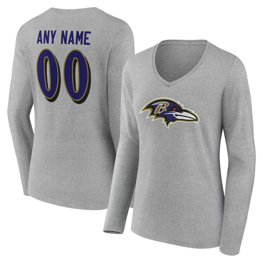 Baltimore Ravens Women's Team Authentic Personalized Name & Number Long Sleeve V-Neck T-Shirt Gray