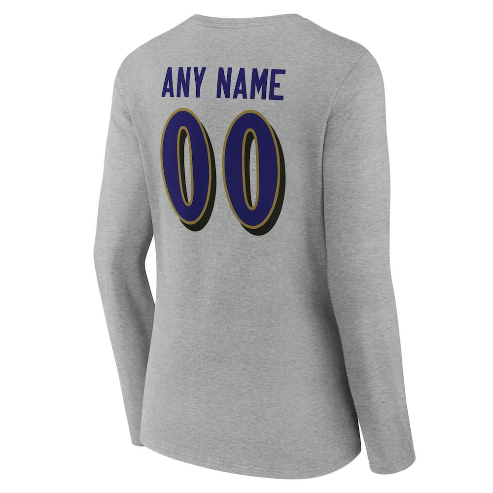 Baltimore Ravens Women's Team Authentic Personalized Name & Number Long Sleeve V-Neck T-Shirt Gray