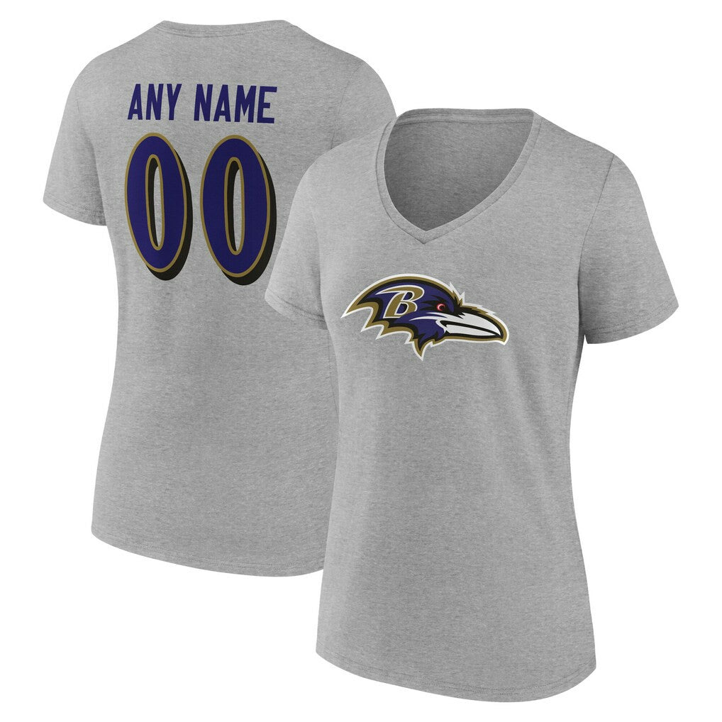 Baltimore Ravens Women's Team Authentic Personalized Name & Number V-Neck T-Shirt Gray