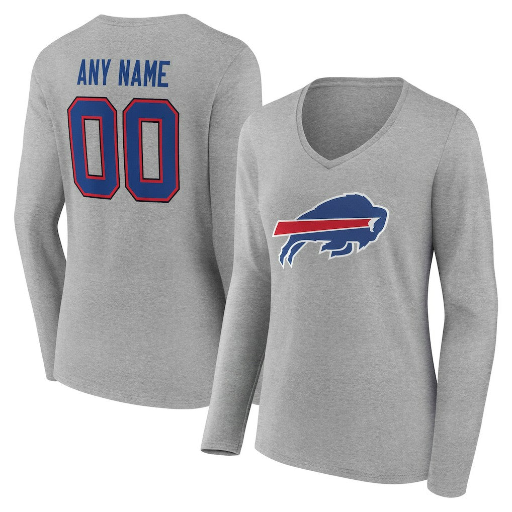 Buffalo Bills Women's Team Authentic Personalized Name & Number Long Sleeve V-Neck T-Shirt Gray