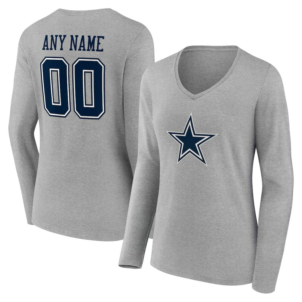 Dallas Cowboys Women's Team Authentic Personalized Name & Number Long Sleeve V-Neck T-Shirt Gray