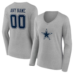Dallas Cowboys Women's Team Authentic Personalized Name & Number Long Sleeve V-Neck T-Shirt Gray