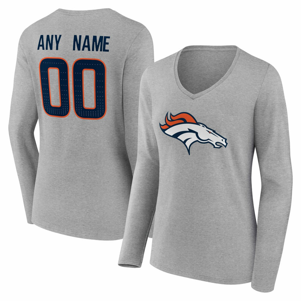 Denver Broncos Women's Team Authentic Personalized Name & Number Long Sleeve V-Neck T-Shirt Gray