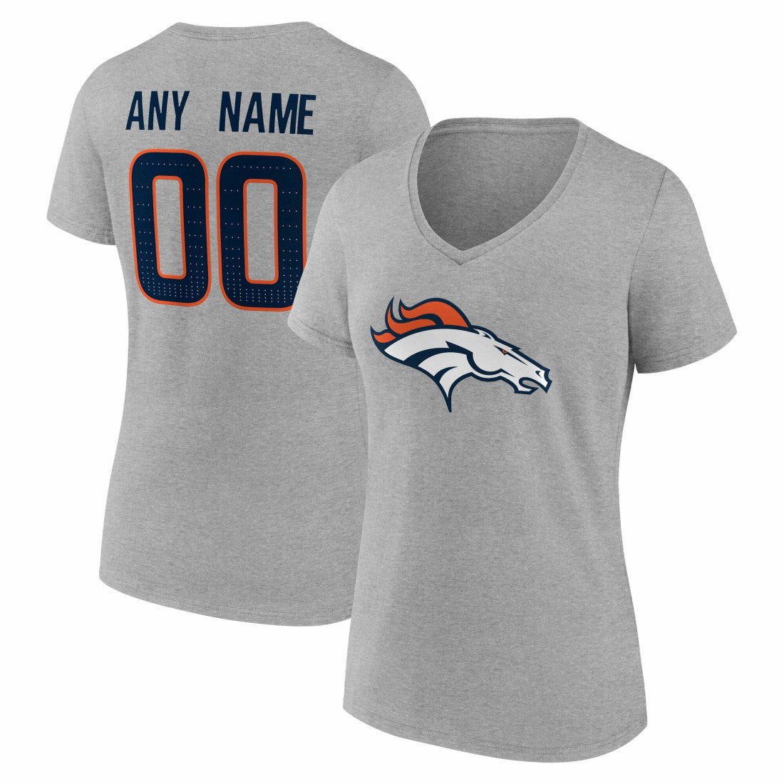 Denver Broncos Women's Team Authentic Personalized Name & Number V-Neck T-Shirt Gray