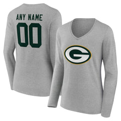 Green Bay Packers Women's Team Authentic Personalized Name & Number Long Sleeve V-Neck T-Shirt Gray