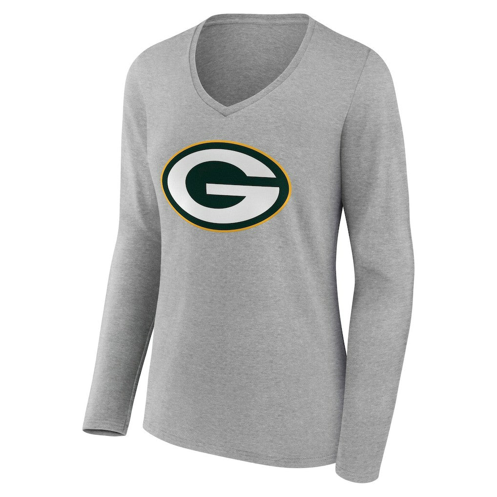 Green Bay Packers Women's Team Authentic Personalized Name & Number Long Sleeve V-Neck T-Shirt Gray