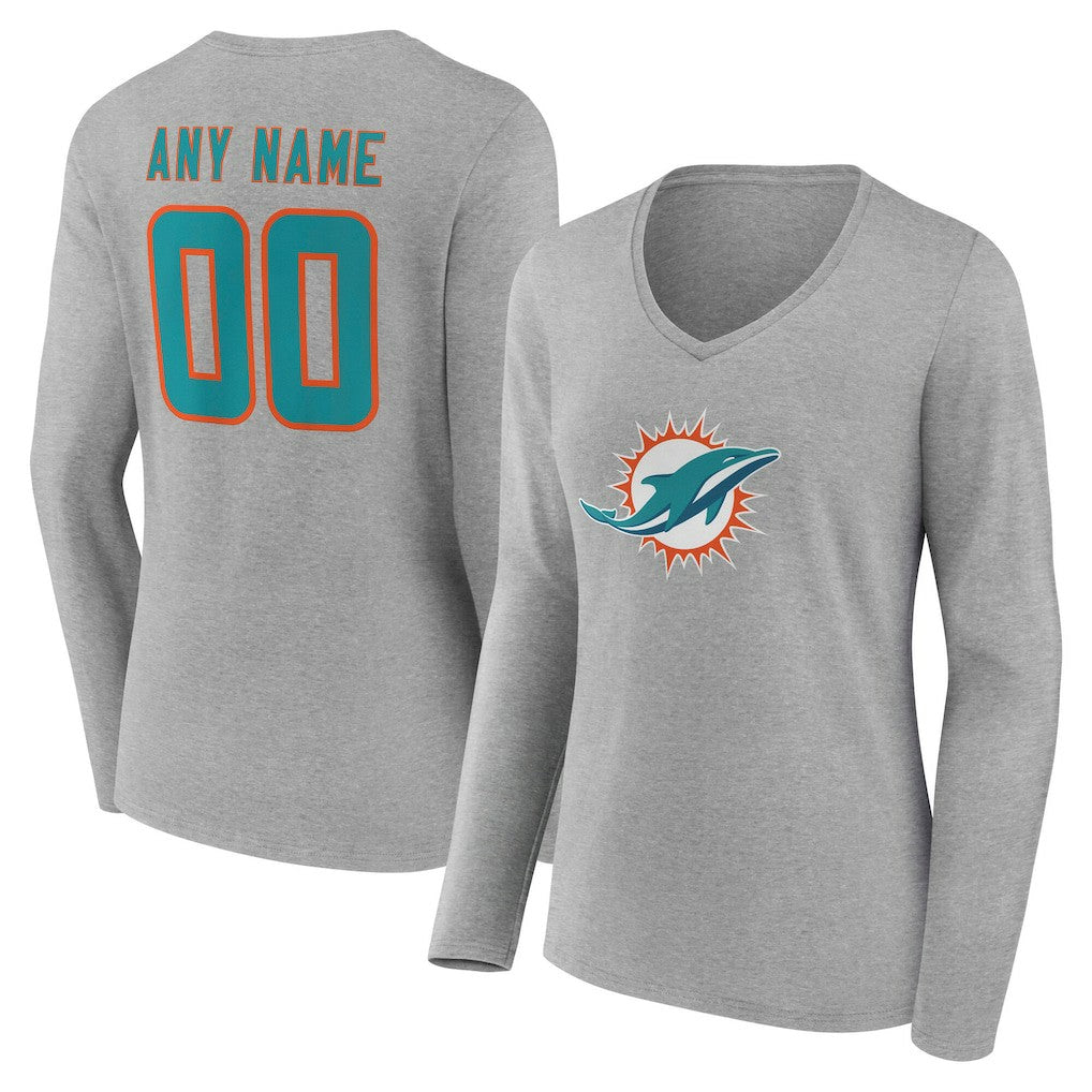 Miami Dolphins Women's Team Authentic Personalized Name & Number Long Sleeve V-Neck T-Shirt Gray