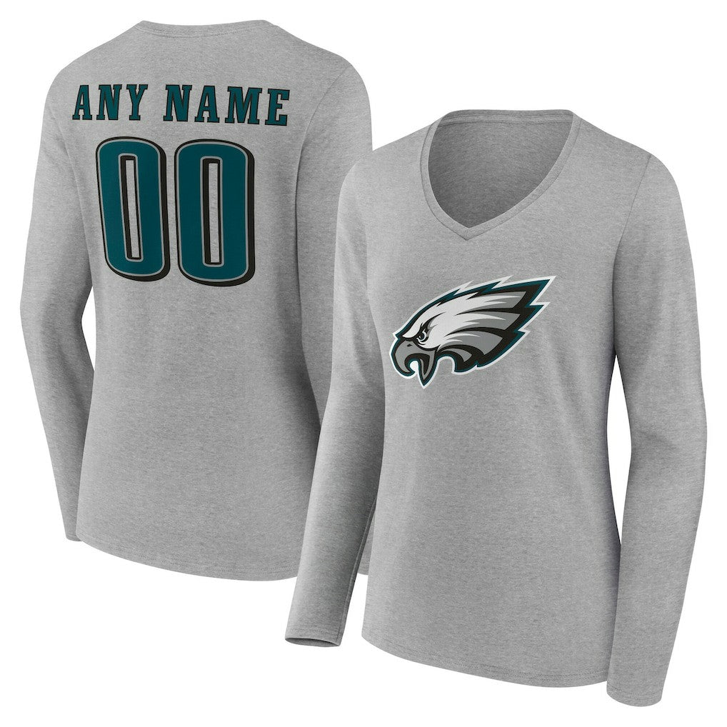 Philadelphia Eagles Women's Team Authentic Personalized Name & Number Long Sleeve V-Neck T-Shirt Gray