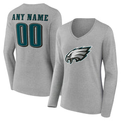 Philadelphia Eagles Women's Team Authentic Personalized Name & Number Long Sleeve V-Neck T-Shirt Gray