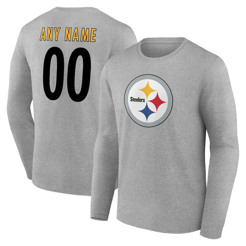 Pittsburgh Steelers Team Authentic Personalized Name & Number Long Sleeve T-Shirt Gray