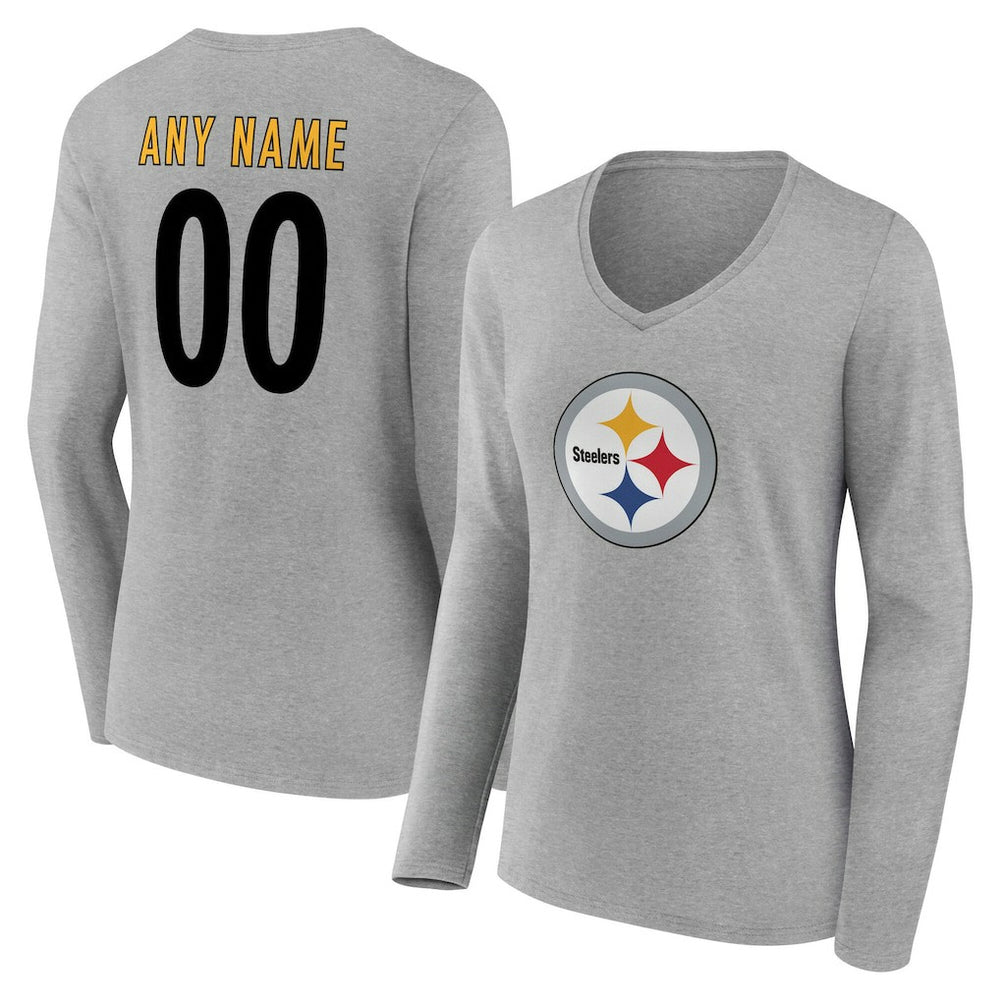 Pittsburgh Steelers Women's Team Authentic Personalized Name & Number Long Sleeve V-Neck T-Shirt Gray