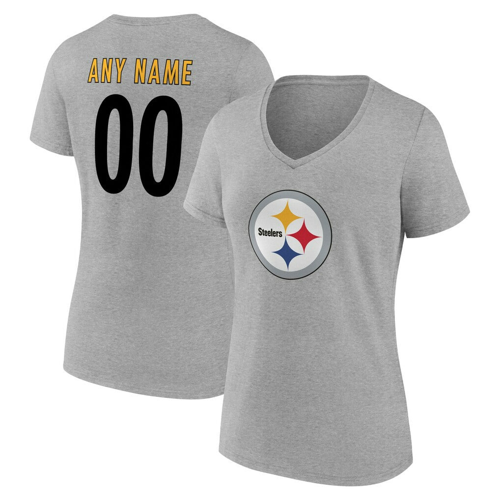 Pittsburgh Steelers Women's Team Authentic Personalized Name & Number V-Neck T-Shirt Gray