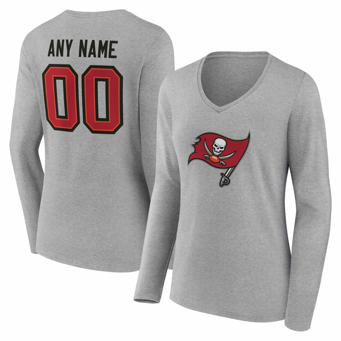 Tampa Bay Buccaneers Women's Team Authentic Personalized Name & Number Long Sleeve V-Neck T-Shirt Gray