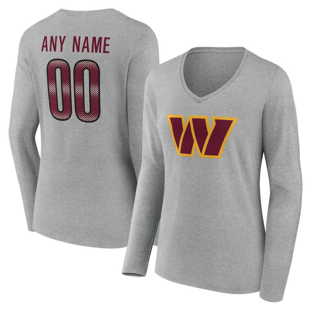 Washington Commanders Women's Team Authentic Personalized Name & Number Long Sleeve V-Neck T-Shirt Gray