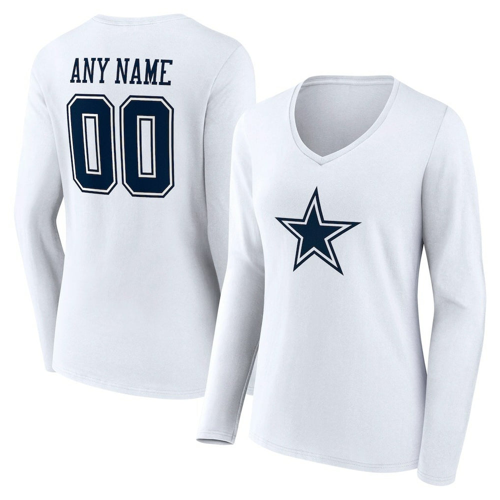 Dallas Cowboys Women's Team Authentic Personalized Name & Number Long Sleeve V-Neck T-Shirt White
