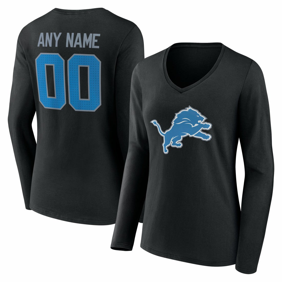 Detroit Lions Women's Team Authentic Personalized Name & Number Long Sleeve V-Neck T-Shirt Black