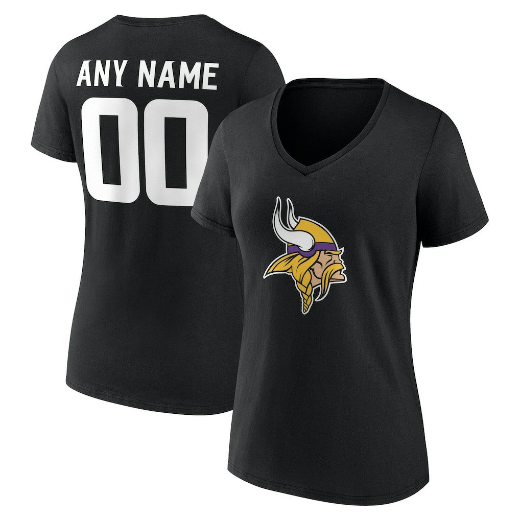 Minnesota Vikings Women's Team Authentic Personalized Name & Number V-Neck T-Shirt Black