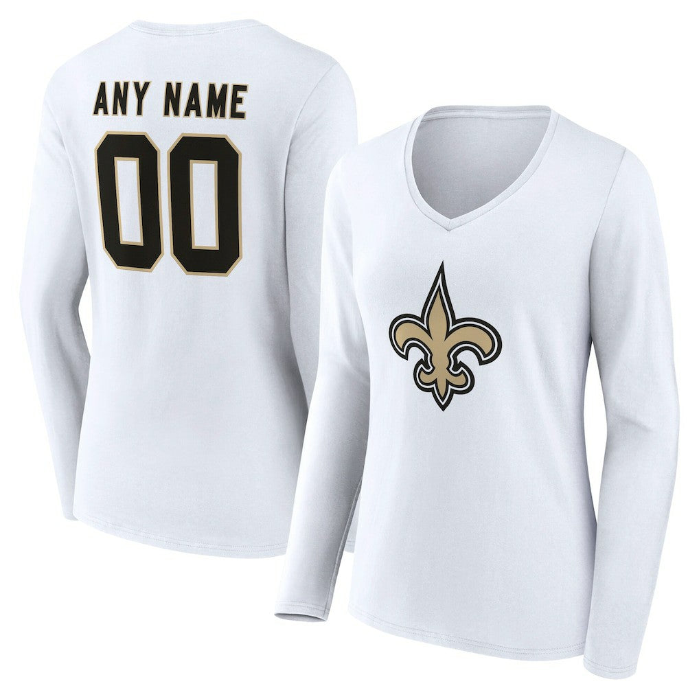 New Orleans Saints Women's Team Authentic Personalized Name & Number Long Sleeve V-Neck T-Shirt White