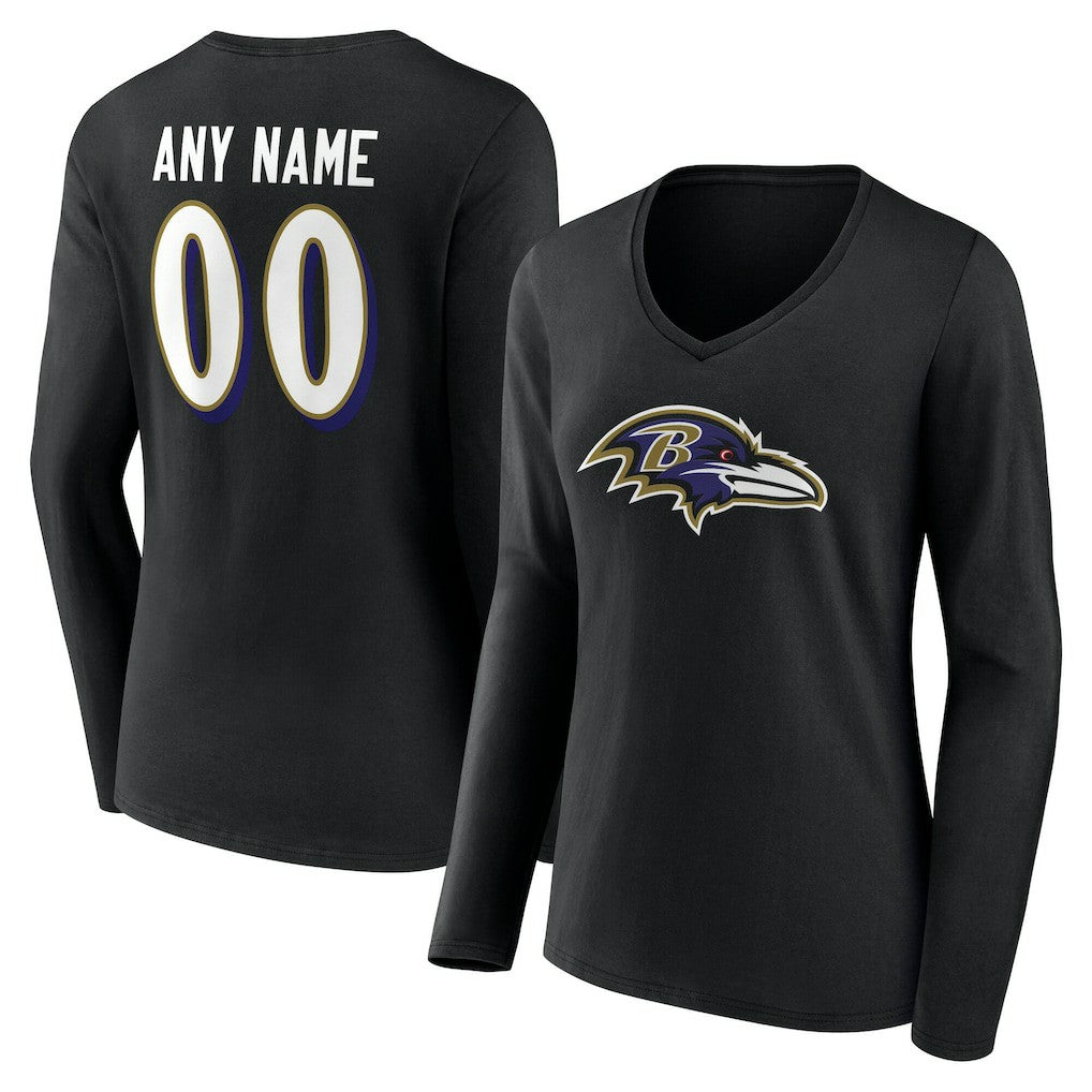 Baltimore Ravens Women's Team Authentic Personalized Name & Number Long Sleeve V-Neck T-Shirt Black