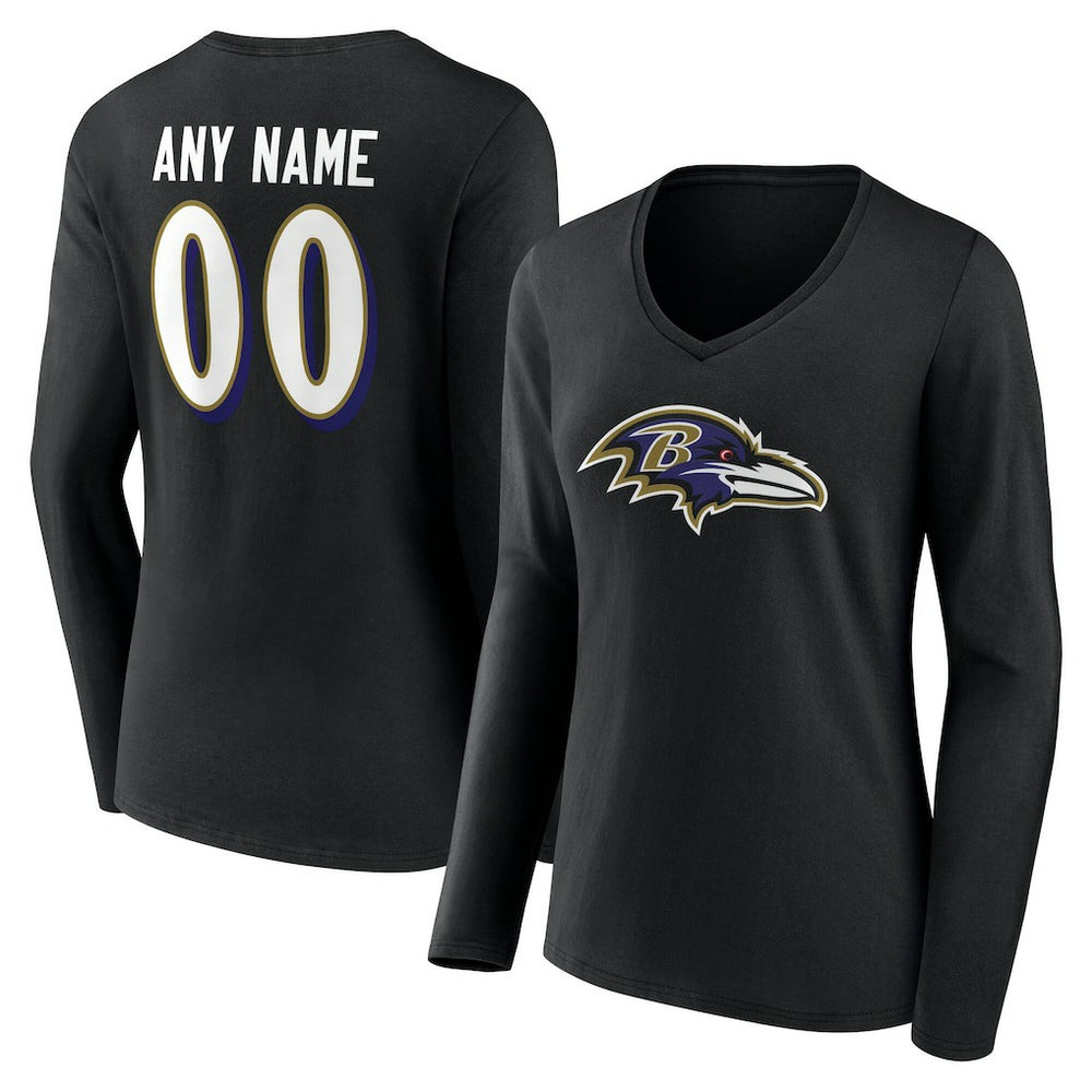 Baltimore Ravens Women's Team Authentic Personalized Name & Number Long Sleeve V-Neck T-Shirt Black