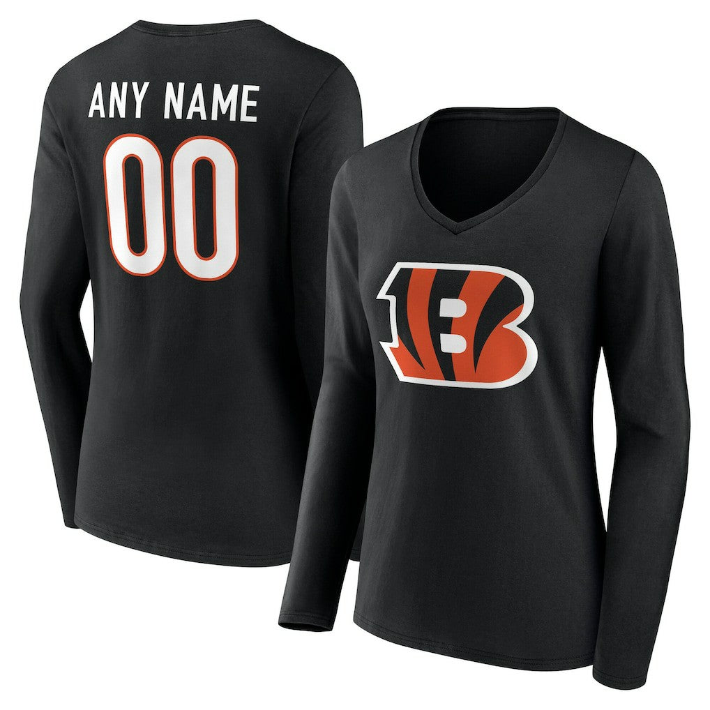 Cincinnati Bengals Women's Team Authentic Personalized Name & Number Long Sleeve V-Neck T-Shirt Black