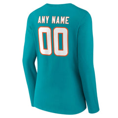 Miami Dolphins Women's Team Authentic Personalized Name & Number Long Sleeve V-Neck T-Shirt Aqua