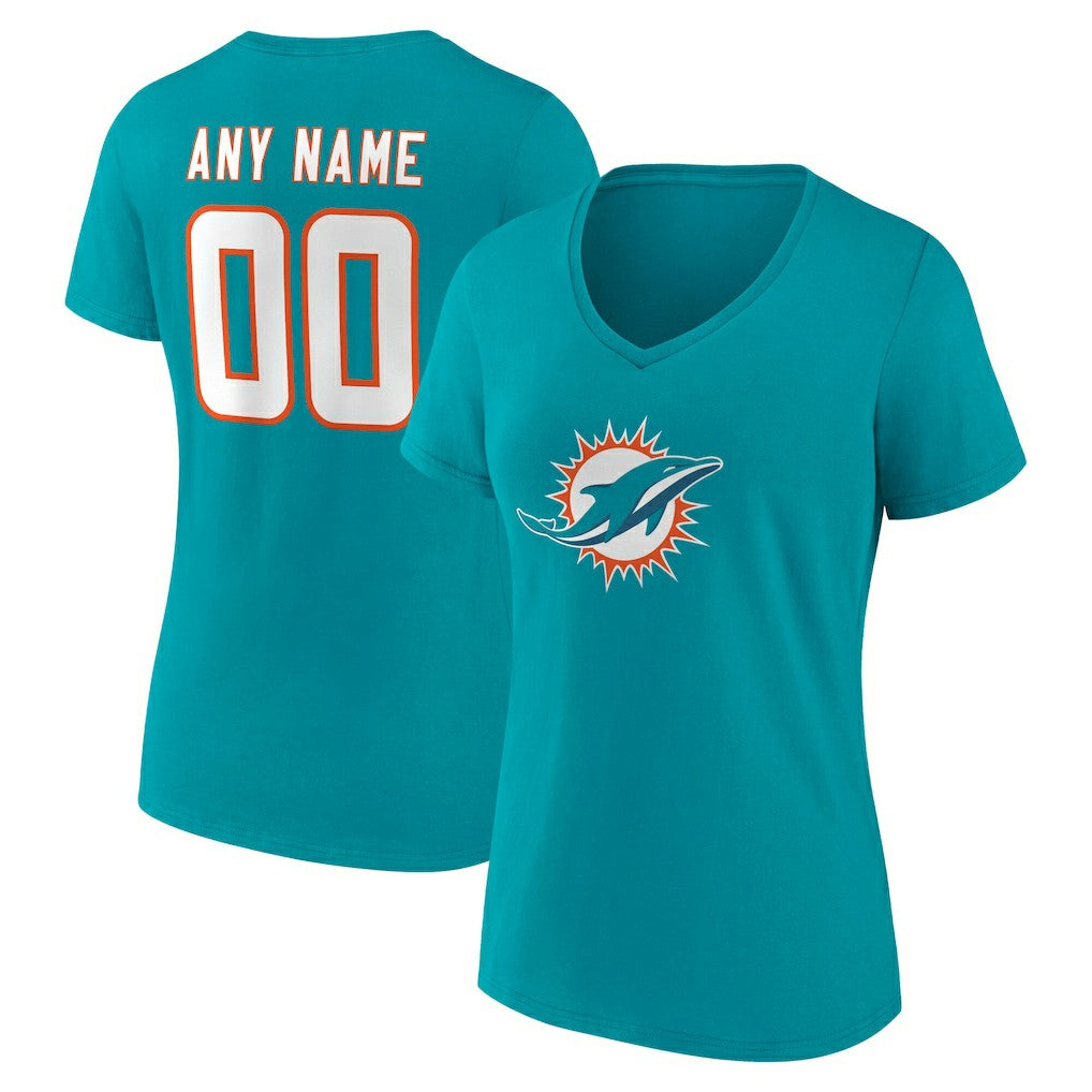 Miami Dolphins Women's Team Authentic Personalized Name & Number V-Neck T-Shirt Aqua