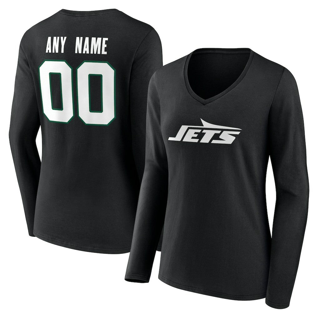 New York Jets Women's Team Authentic Personalized Name & Number Long Sleeve V-Neck T-Shirt Black