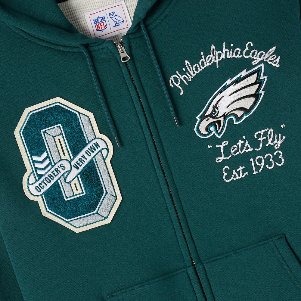 Philadelphia Eagles OVO x NFL Unisex Full-Zip Waffle-Lined Hoodie Midnight Green