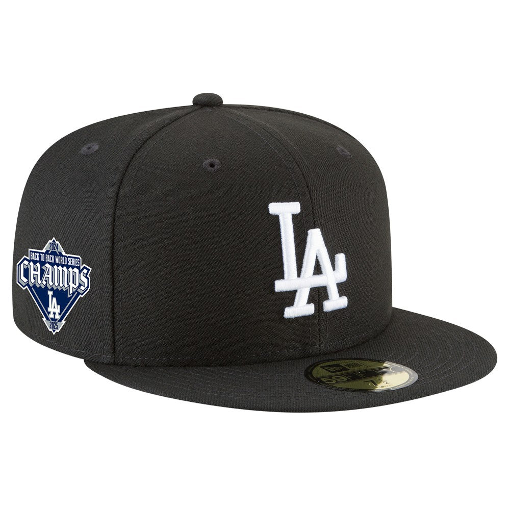 Los Angeles Dodgers New Era 2024/25 Back-to-Back Champions Diamond Side Patch 59FIFTY Fitted Hat - Black Hats