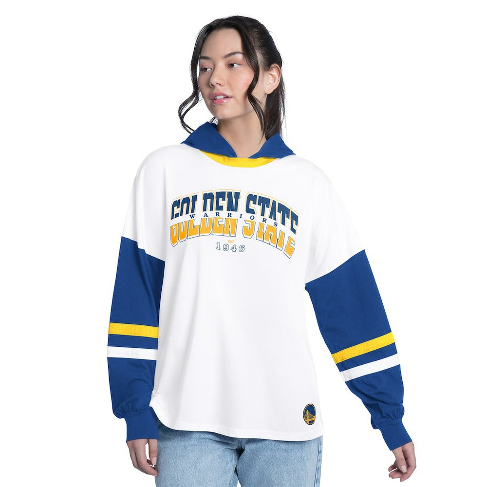 Golden State Warriors G-III 4Her by Carl Banks Women's Key Player Oversized Hooded Long Sleeve T-Shirt White/Royal