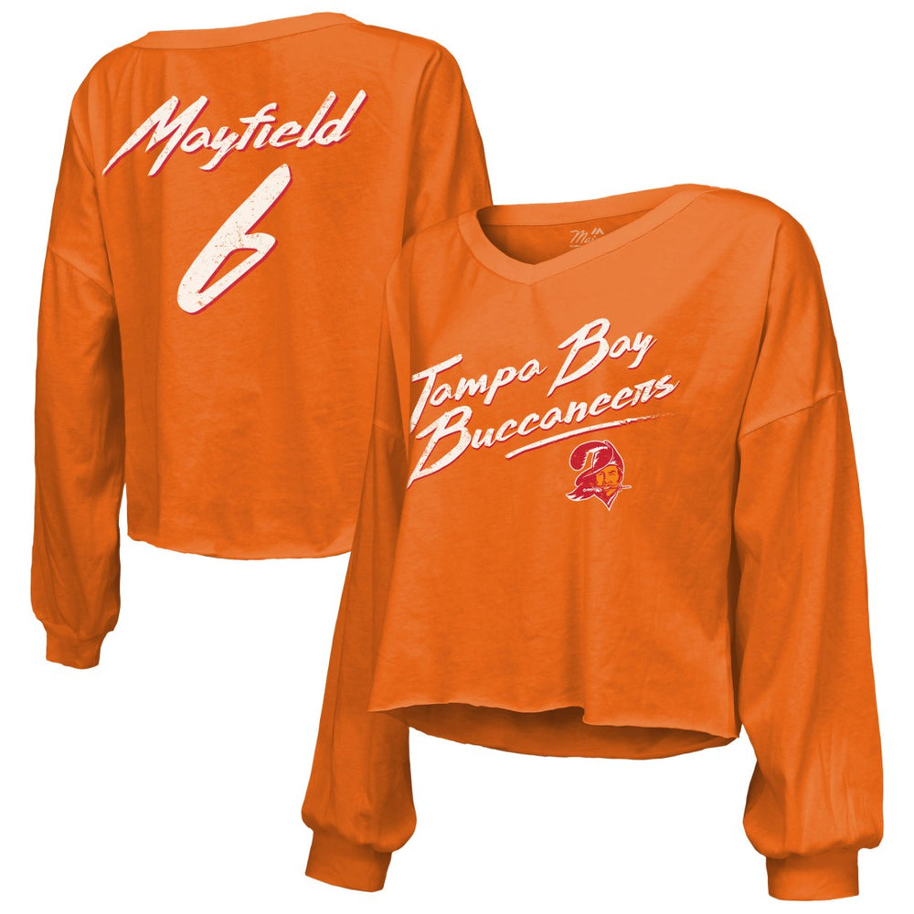 Baker Mayfield Tampa Bay Buccaneers Majestic Threads Women's Off-Shoulder Script Name & Number V-Neck T-Shirt Orange