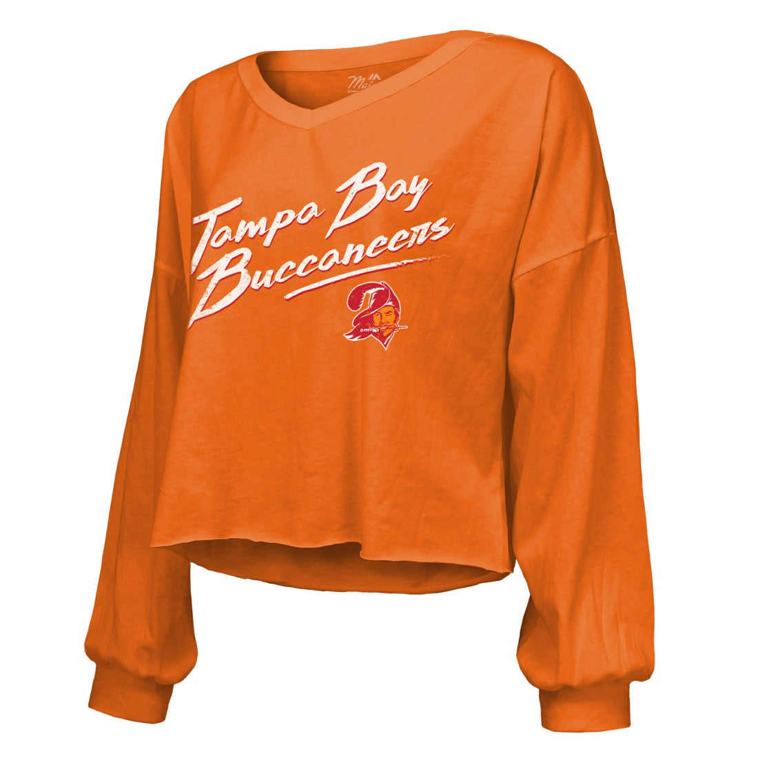 Baker Mayfield Tampa Bay Buccaneers Majestic Threads Women's Off-Shoulder Script Name & Number V-Neck T-Shirt Orange