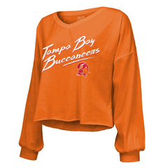 Baker Mayfield Tampa Bay Buccaneers Majestic Threads Women's Off-Shoulder Script Name & Number V-Neck T-Shirt Orange