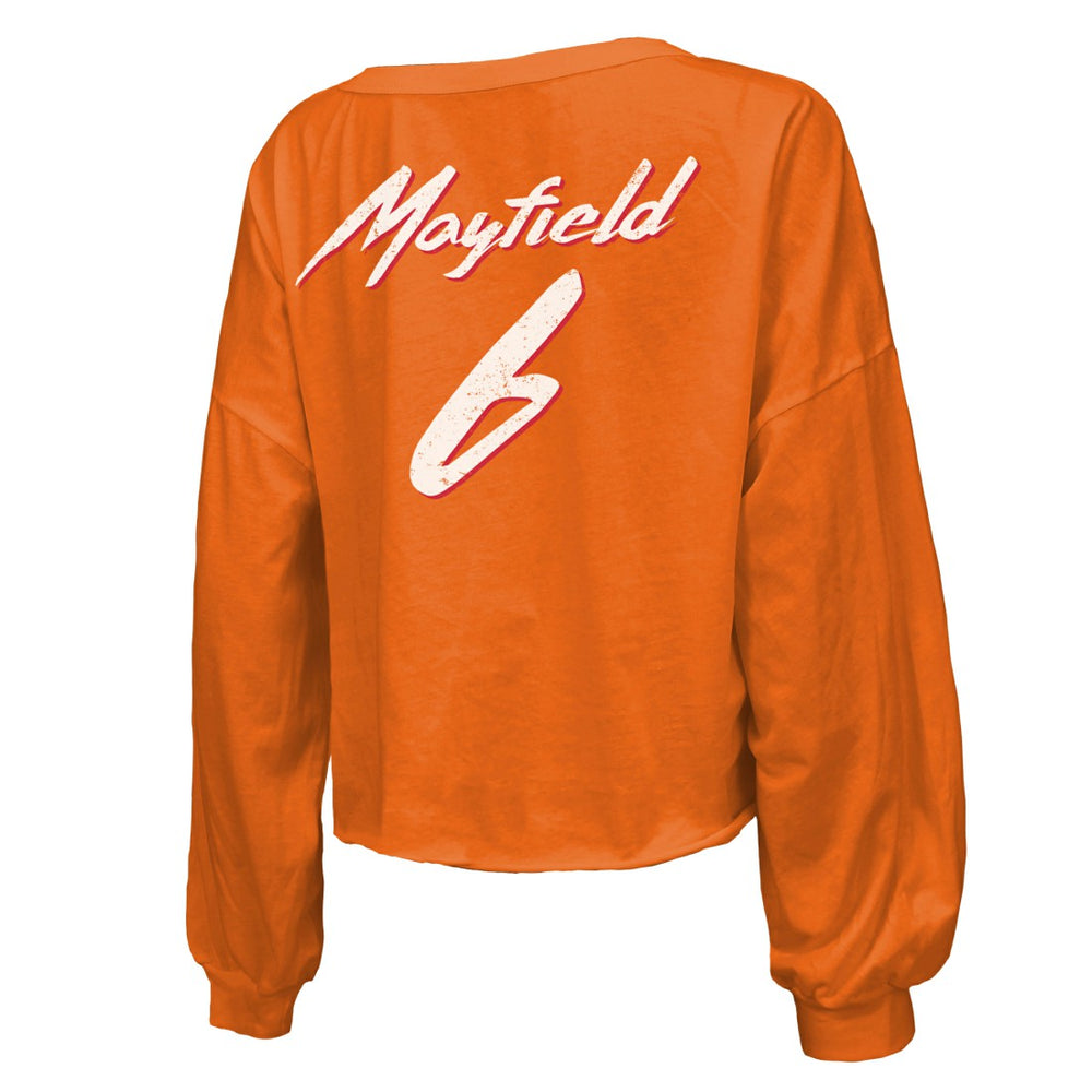 Baker Mayfield Tampa Bay Buccaneers Majestic Threads Women's Off-Shoulder Script Name & Number V-Neck T-Shirt Orange