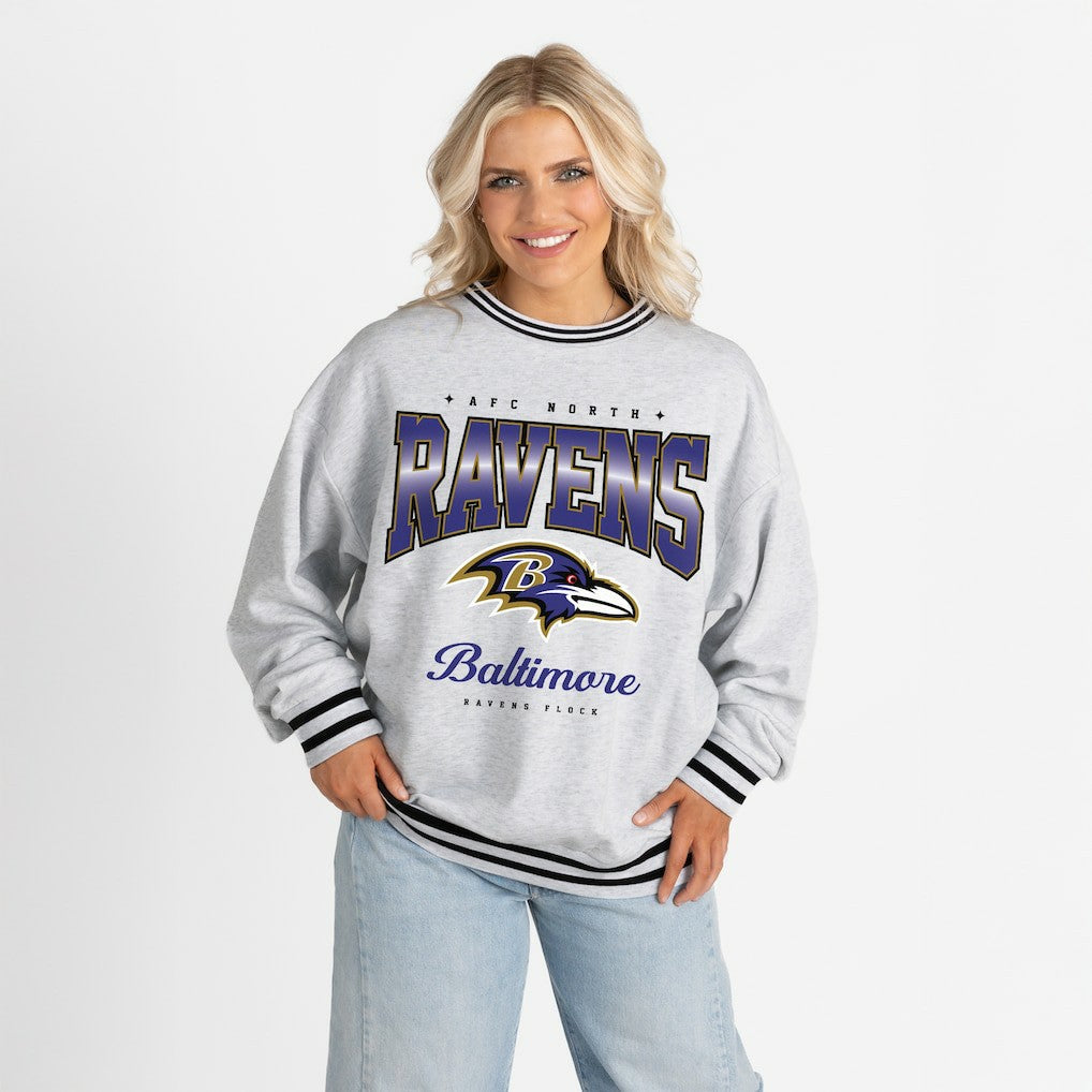 Baltimore Ravens Gameday Couture Women's Oversized Gridiron Drive Ringer Stripe Sweatshirt Ash/Black