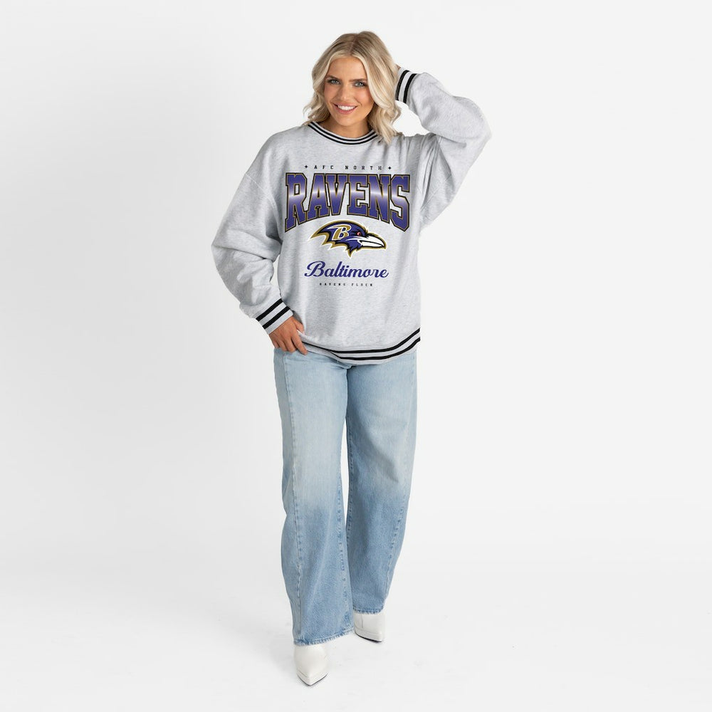 Baltimore Ravens Gameday Couture Women's Oversized Gridiron Drive Ringer Stripe Sweatshirt Ash/Black