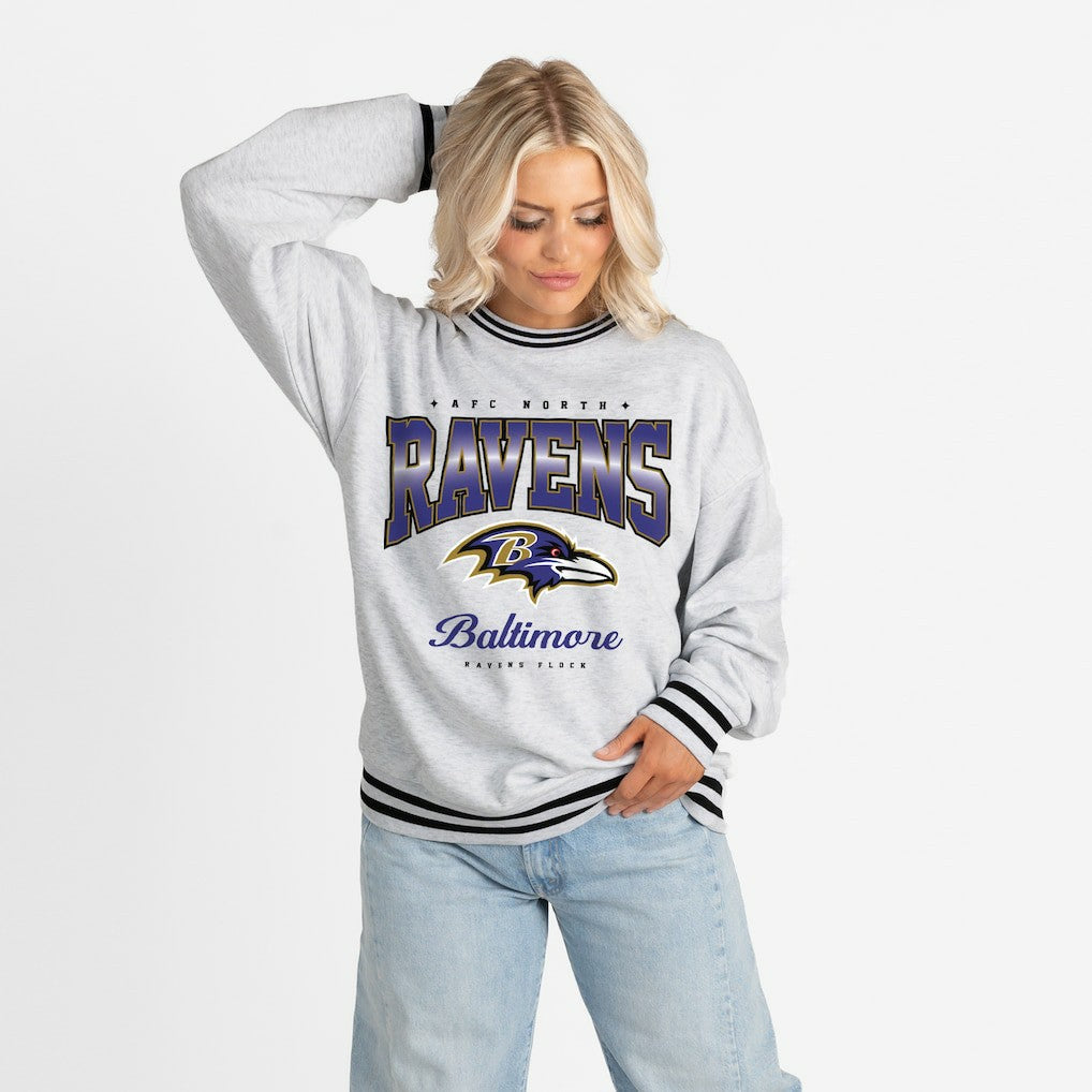 Baltimore Ravens Gameday Couture Women's Oversized Gridiron Drive Ringer Stripe Sweatshirt Ash/Black