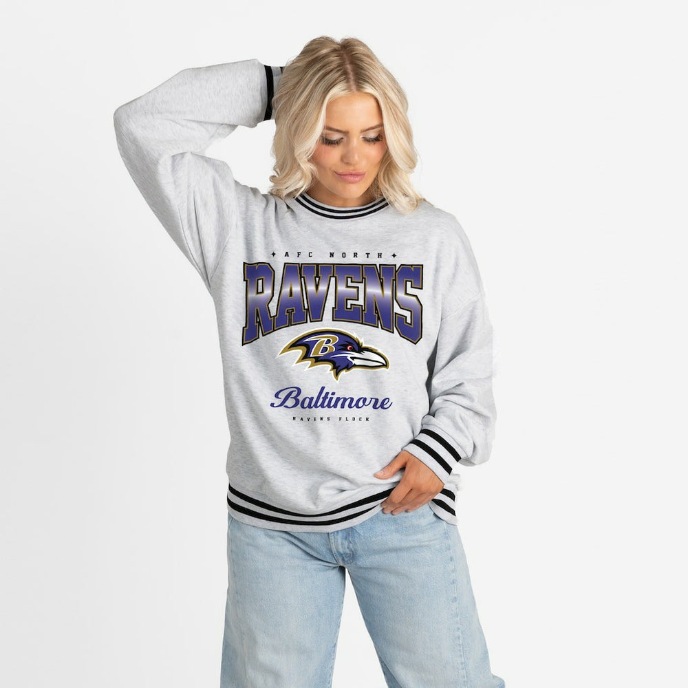 Baltimore Ravens Gameday Couture Women's Oversized Gridiron Drive Ringer Stripe Sweatshirt Ash/Black