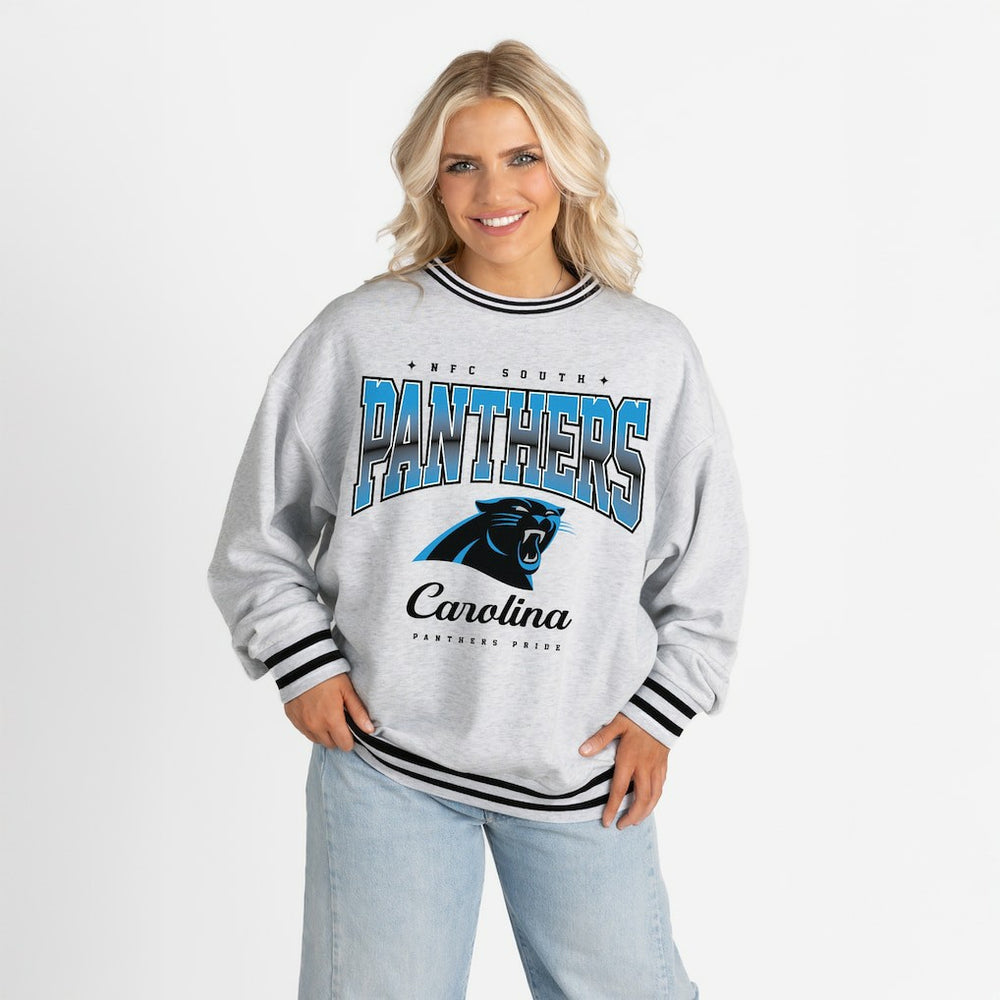 Carolina Panthers Gameday Couture Women's Oversized Gridiron Drive Ringer Stripe Sweatshirt Ash/Black