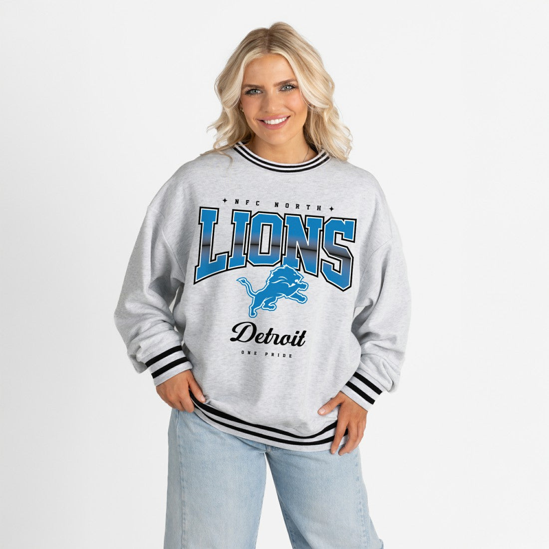 Detroit Lions Gameday Couture Women's Oversized Gridiron Drive Ringer Stripe Sweatshirt Ash/Black