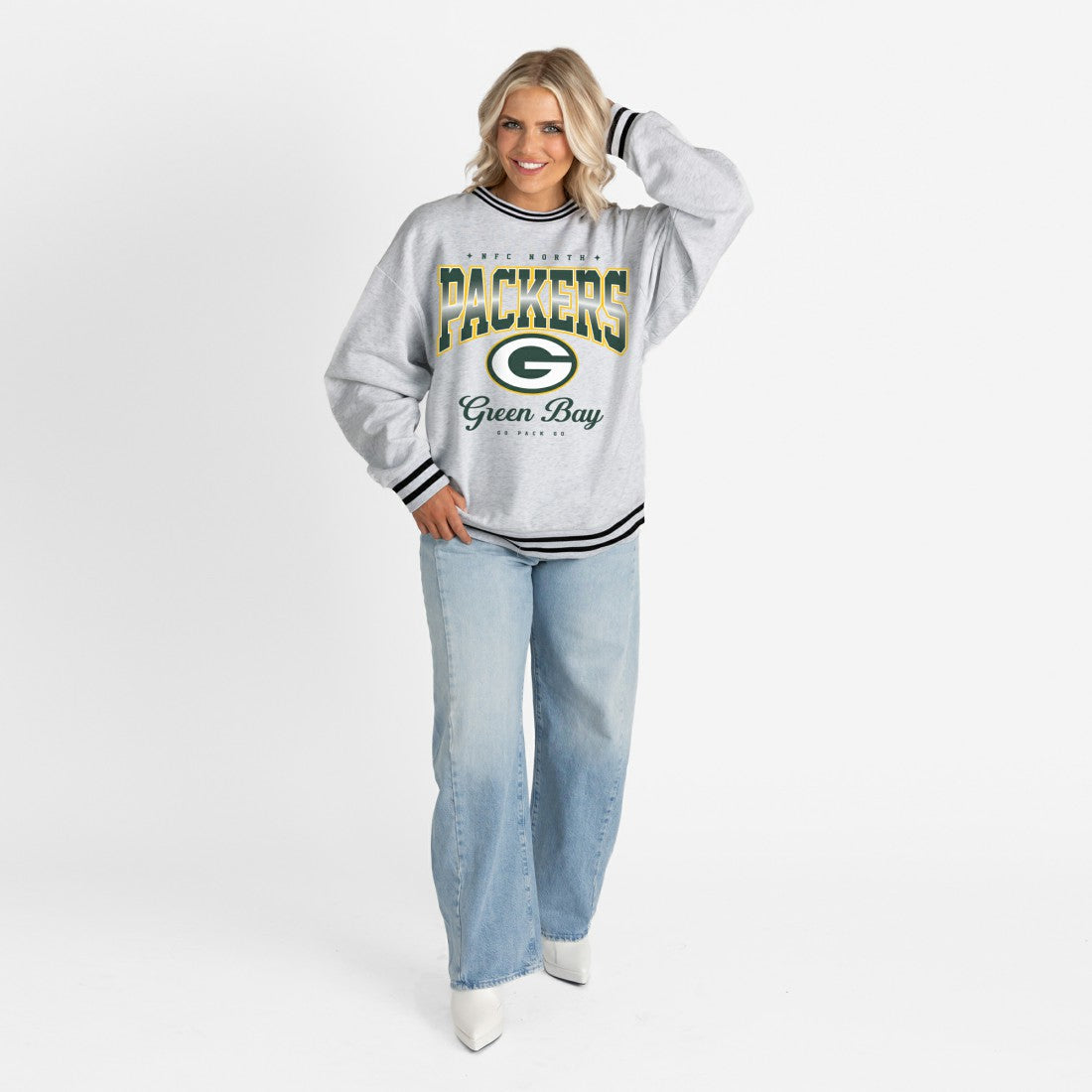 Green Bay Packers Gameday Couture Women's Oversized Gridiron Drive Ringer Stripe Sweatshirt Ash/Black