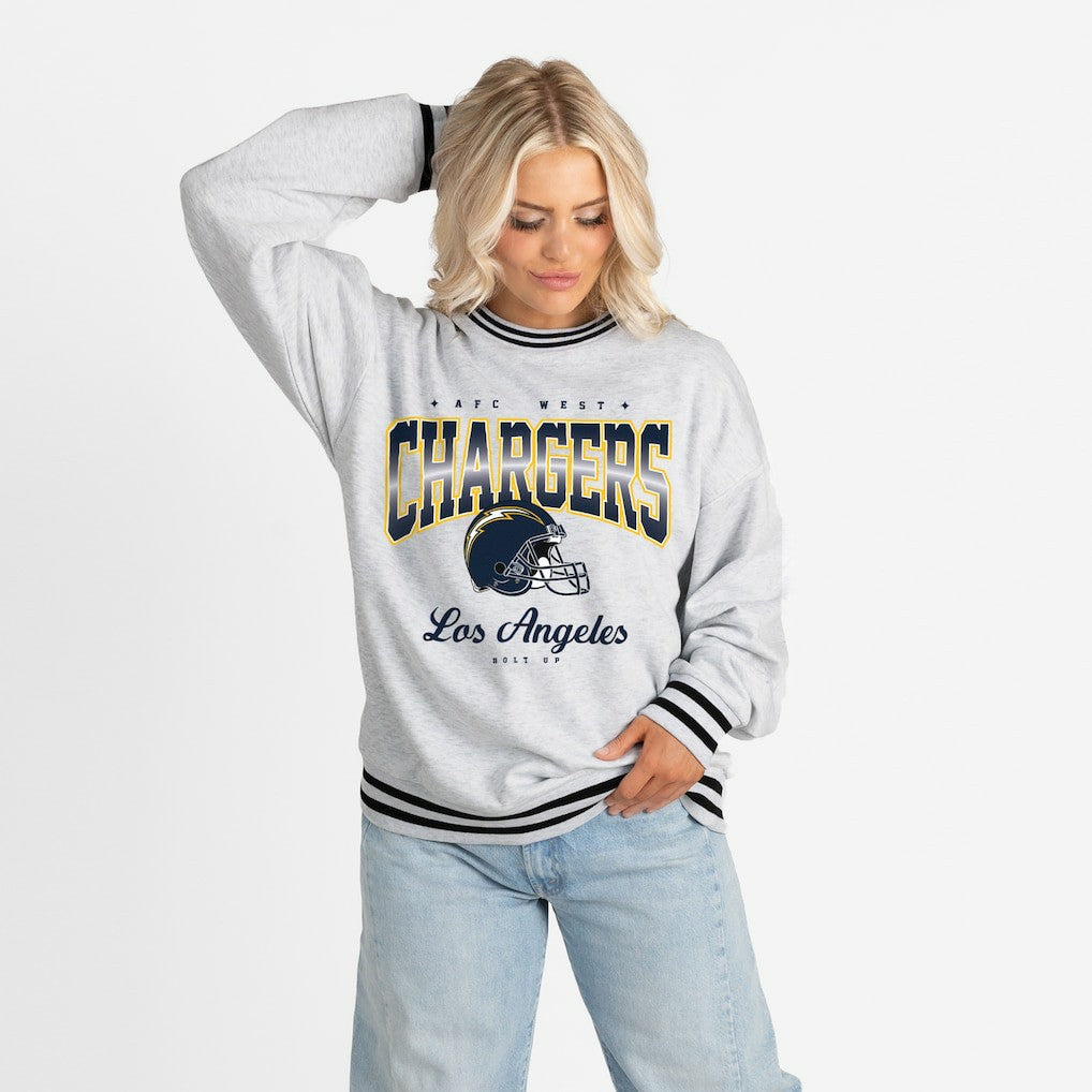 Los Angeles Chargers Gameday Couture Women's Oversized Gridiron Drive Ringer Stripe Sweatshirt Ash/Black
