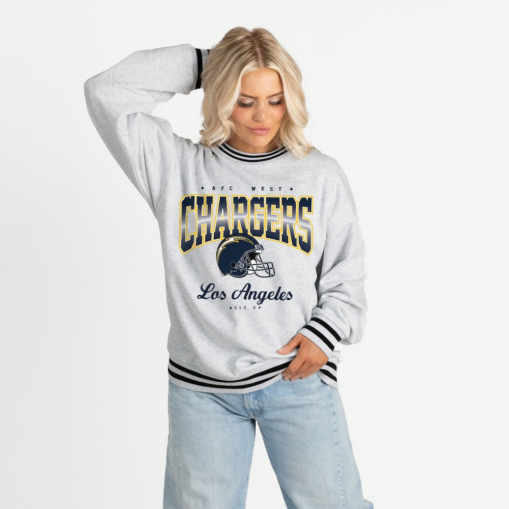Los Angeles Chargers Gameday Couture Women's Oversized Gridiron Drive Ringer Stripe Sweatshirt Ash/Black