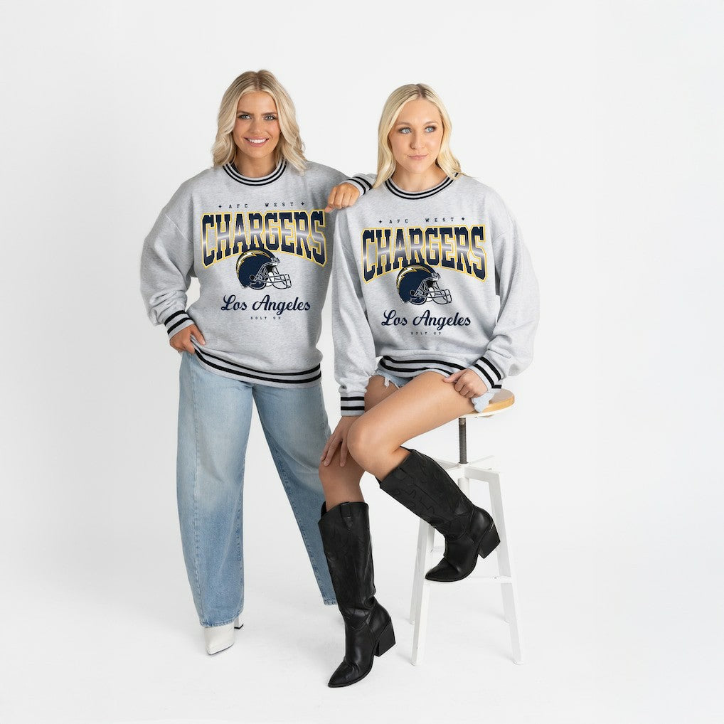 Los Angeles Chargers Gameday Couture Women's Oversized Gridiron Drive Ringer Stripe Sweatshirt Ash/Black