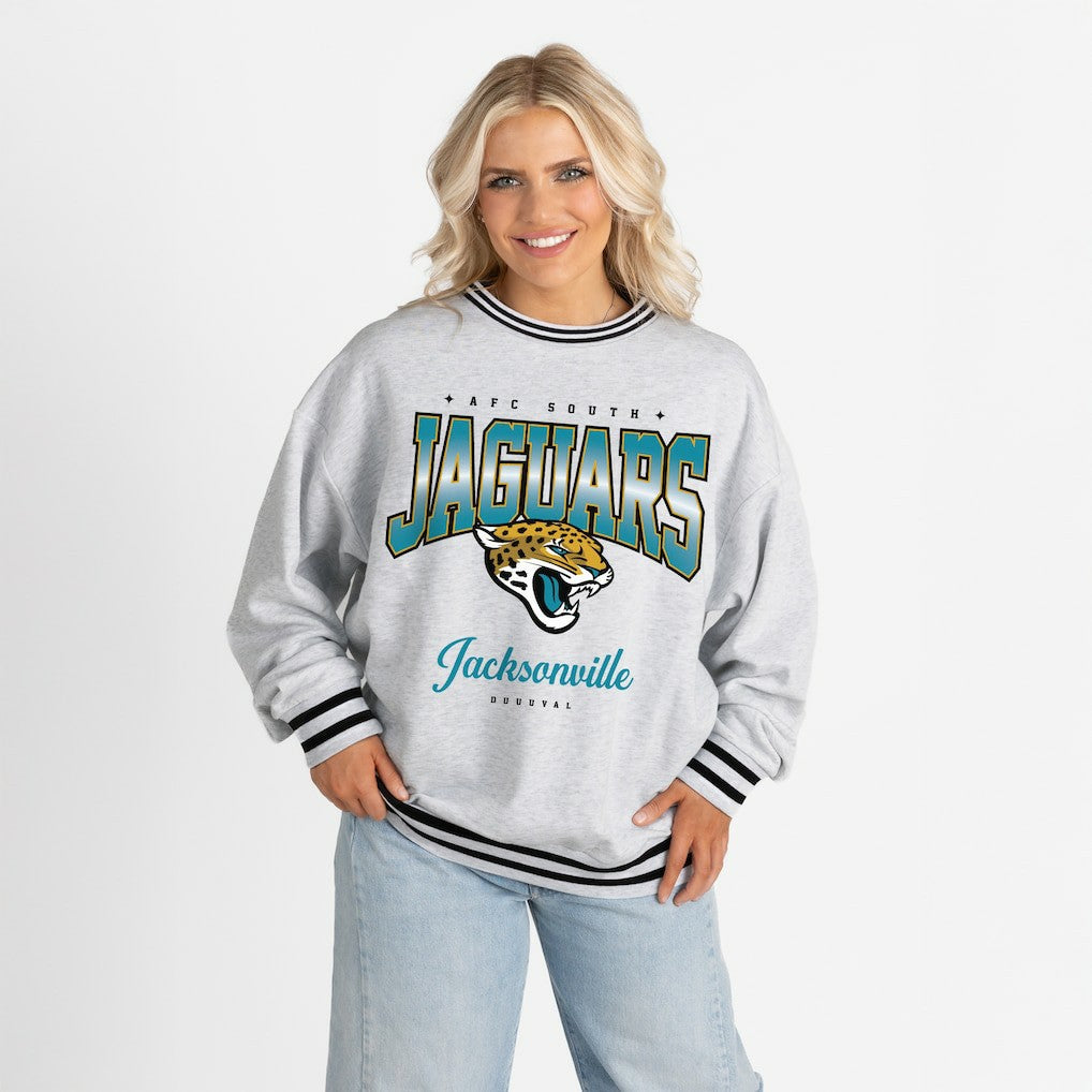 Jacksonville Jaguars Gameday Couture Women's Oversized Gridiron Drive Ringer Stripe Sweatshirt Ash/Black